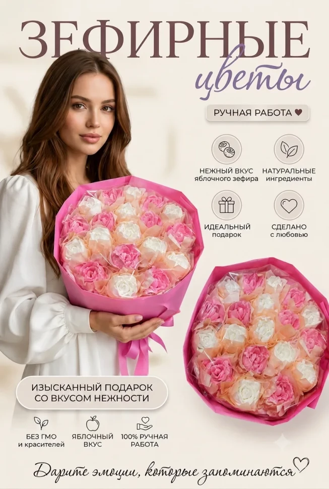  Букет Зефирный Размер XL бело-розовый,350г в Пыть-яхе